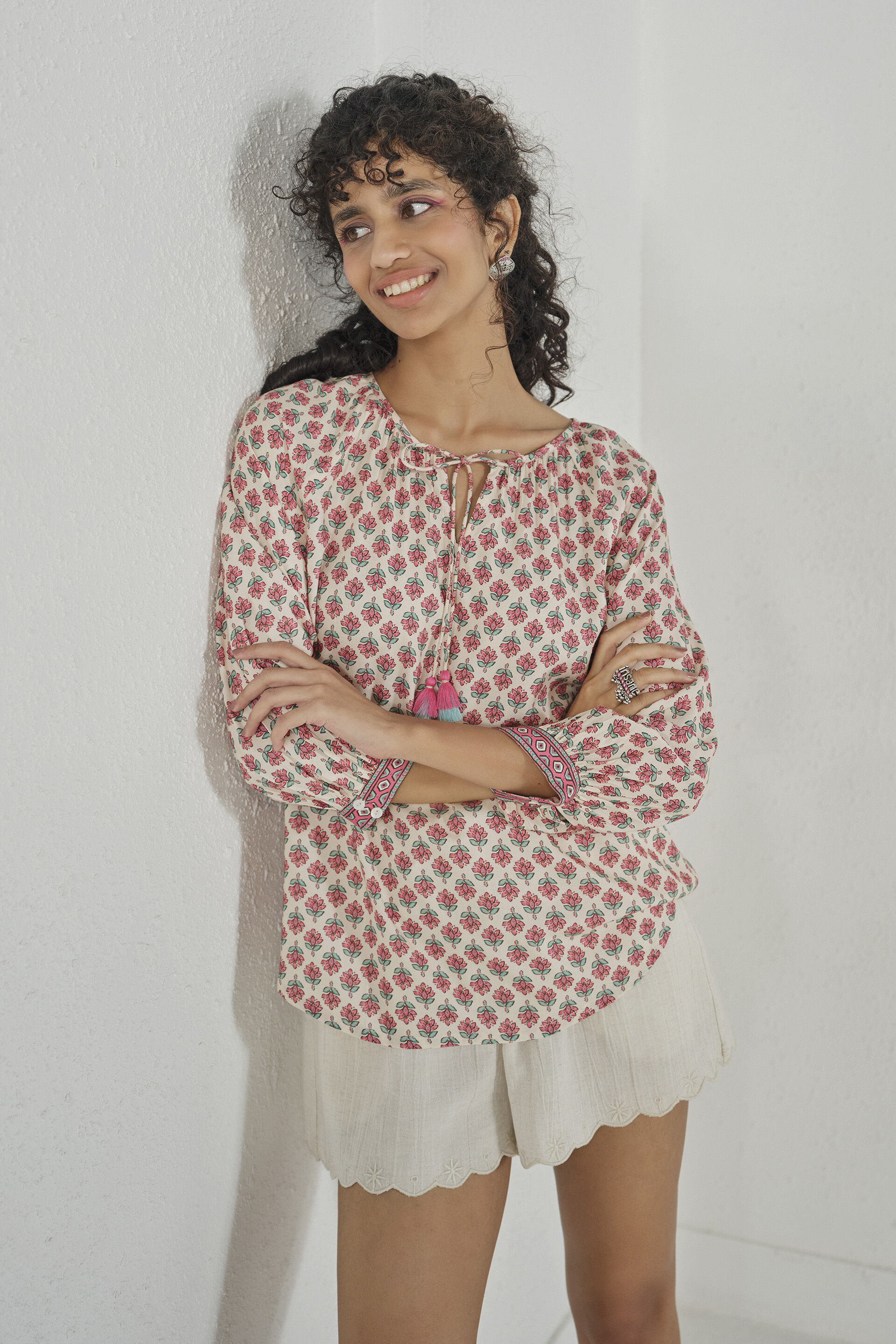 Pink Printed Peasant Top, Pink, image 4